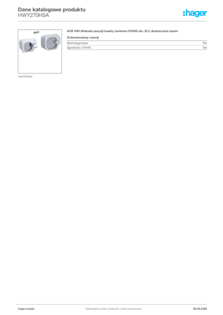 Zdjęcie Hager Dane katalogowe produktu HWY270HSA | Hager Polska