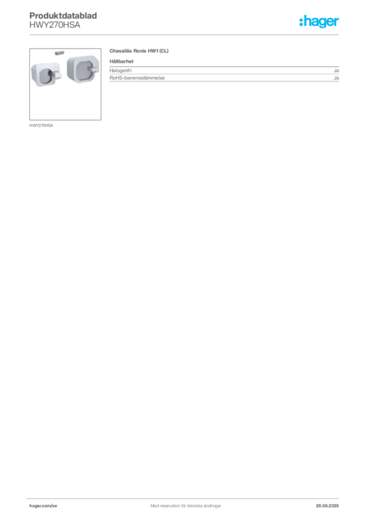 Bild Hager Produktdatablad HWY270HSA | Hager Sverige