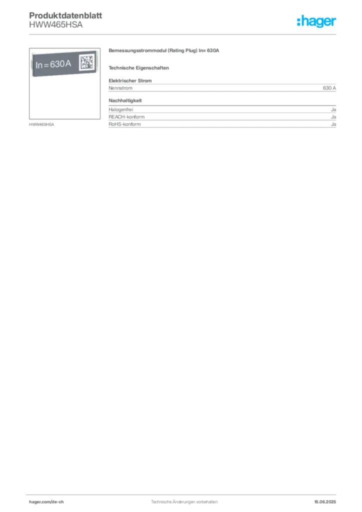 Bild Hager Produktdatenblatt HWW465HSA | Hager Schweiz