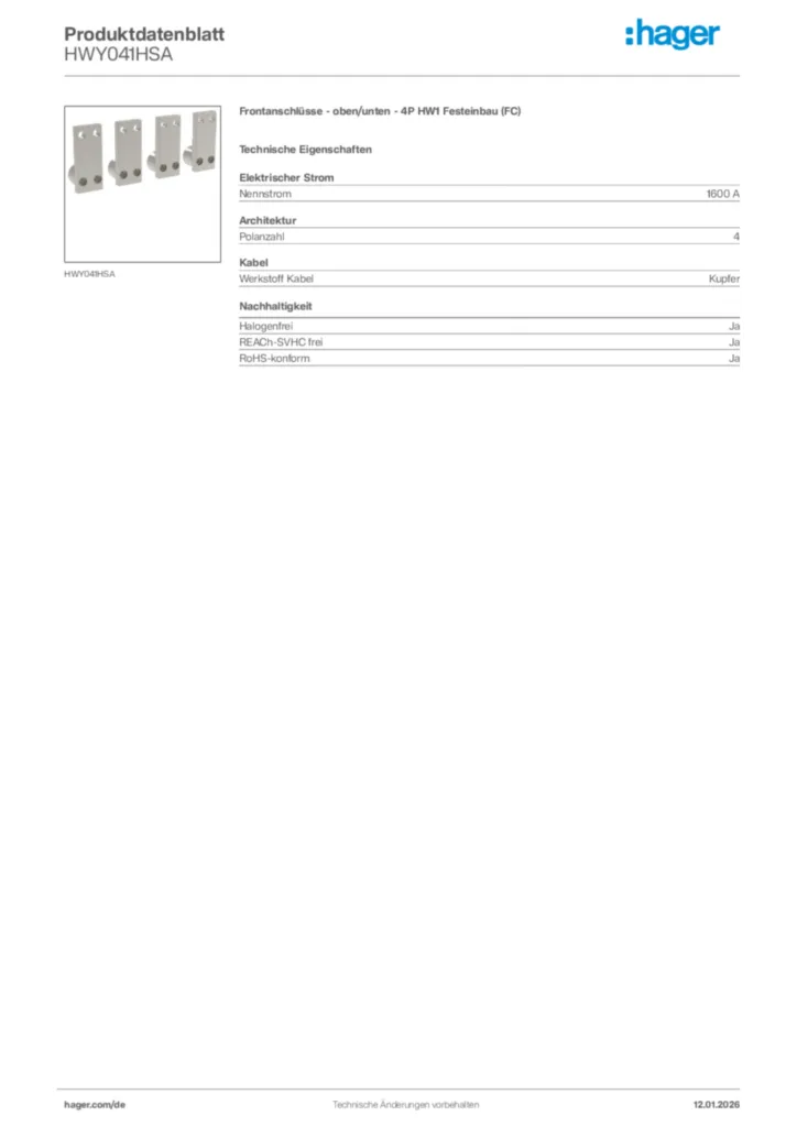 Bild Hager Produktdatenblatt HWY041HSA | Hager Deutschland