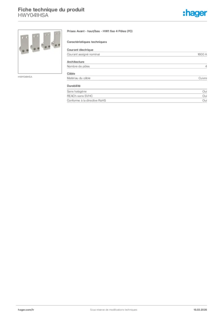 Image Hager Fiche technique du produit HWY041HSA | Hager France