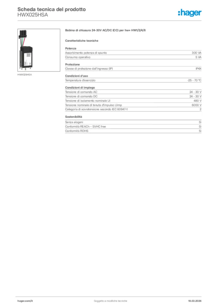 Immagine Hager Scheda tecnica del prodotto HWX025HSA | Hager Italia