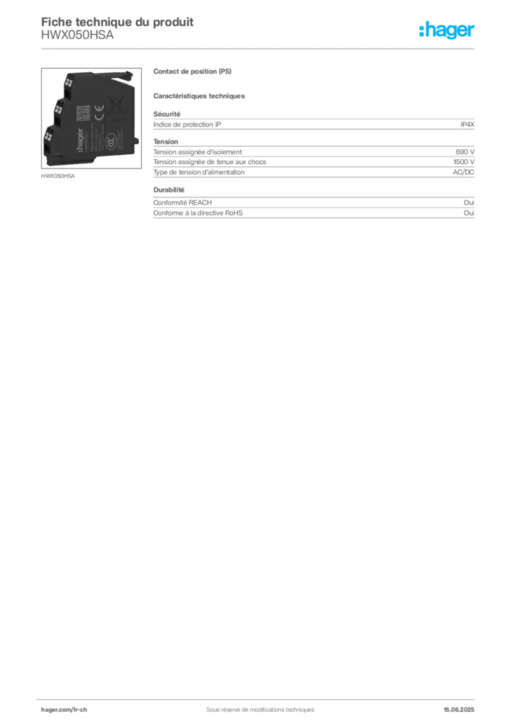Image Hager Fiche technique du produit HWX050HSA | Hager Suisse