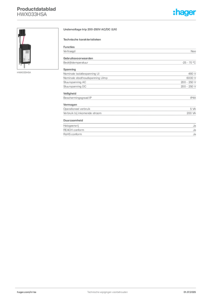 Afbeelding Hager Productdatablad HWX033HSA | Hager Belgium