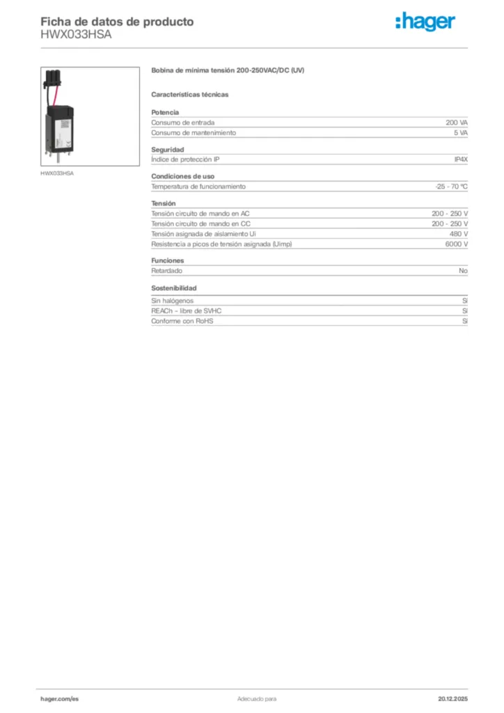 Imagen Hager Ficha de datos de producto HWX033HSA | Hager España