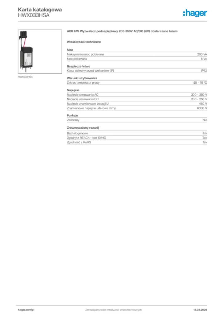 Zdjęcie Hager Karta katalogowa HWX033HSA | Hager Polska