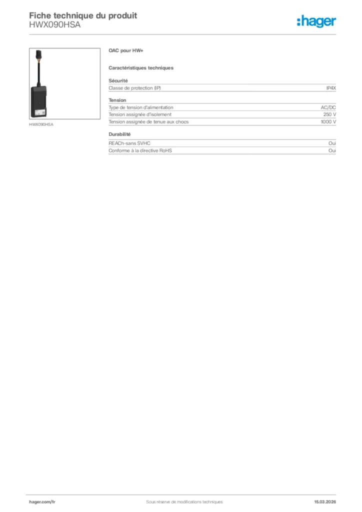 Image Hager Fiche technique du produit HWX090HSA | Hager France