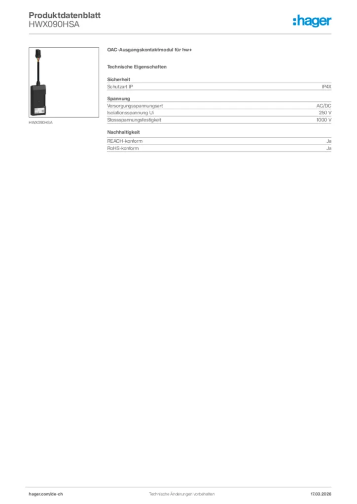 Bild Hager Produktdatenblatt HWX090HSA | Hager Schweiz