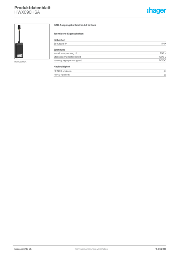 Bild Hager Produktdatenblatt HWX090HSA | Hager Schweiz