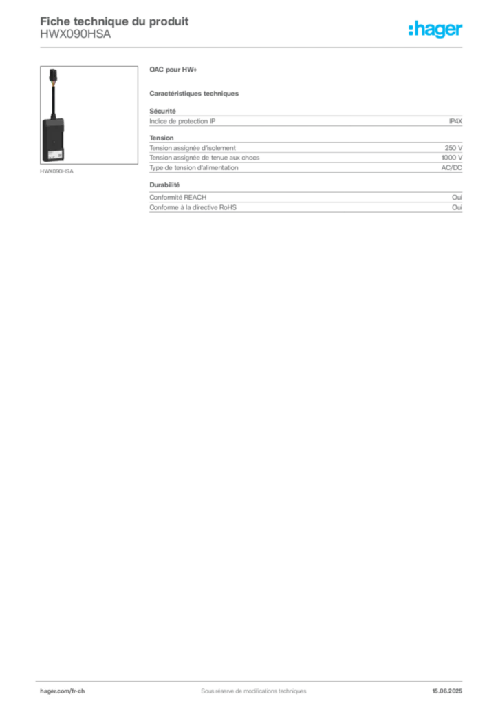 Image Hager Fiche technique du produit HWX090HSA | Hager Suisse