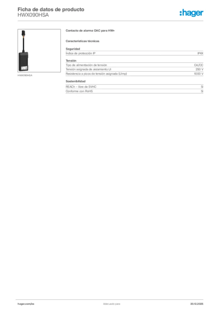 Imagen Hager Ficha de datos de producto HWX090HSA | Hager España