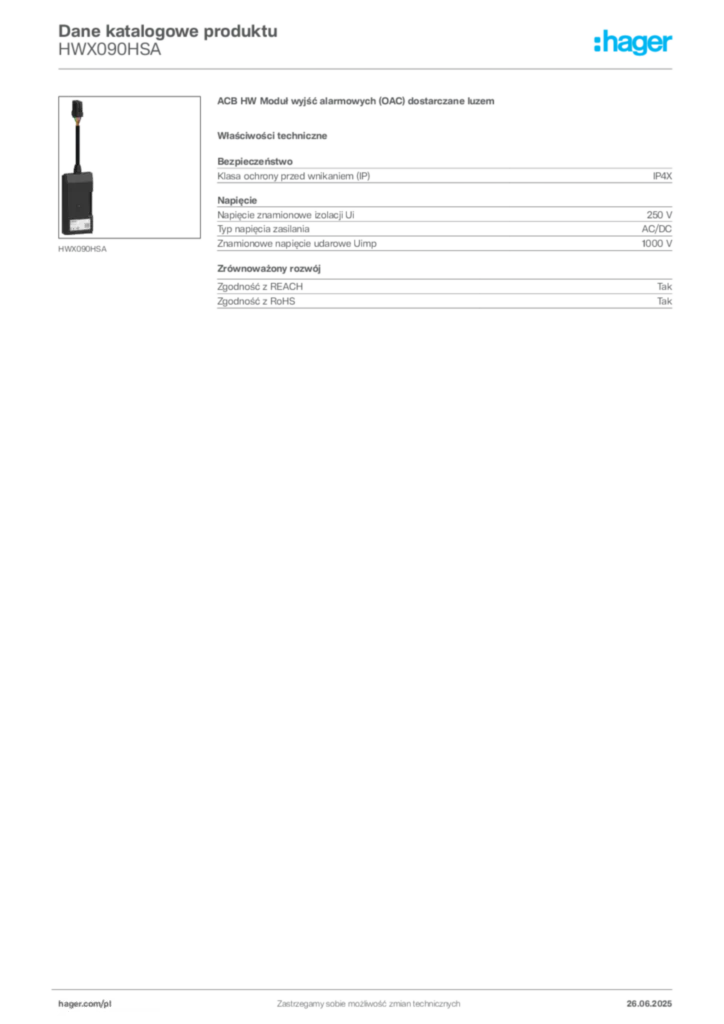 Zdjęcie Hager Dane katalogowe produktu HWX090HSA | Hager Polska