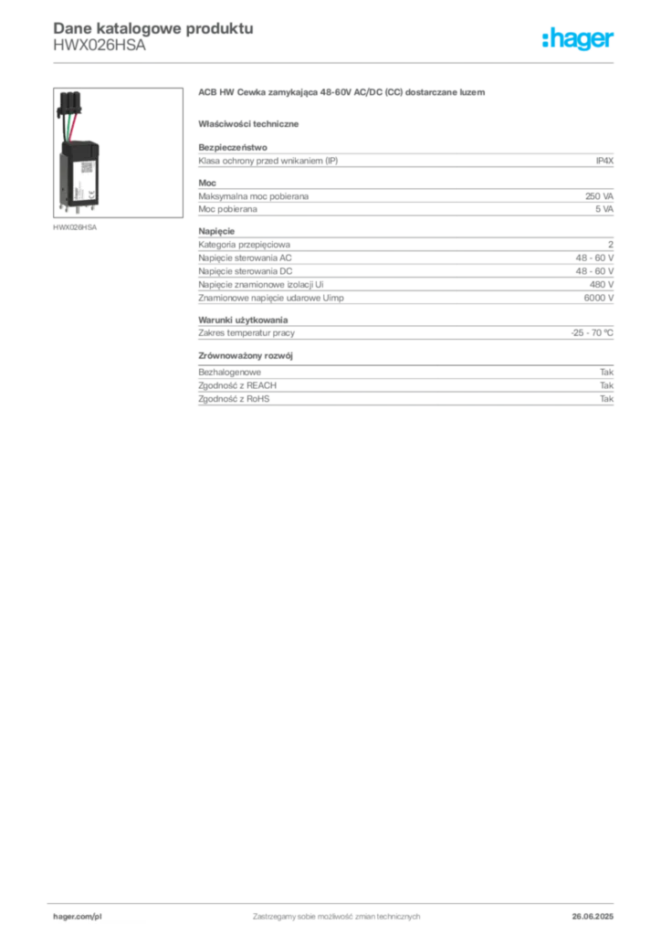Zdjęcie Hager Dane katalogowe produktu HWX026HSA | Hager Polska