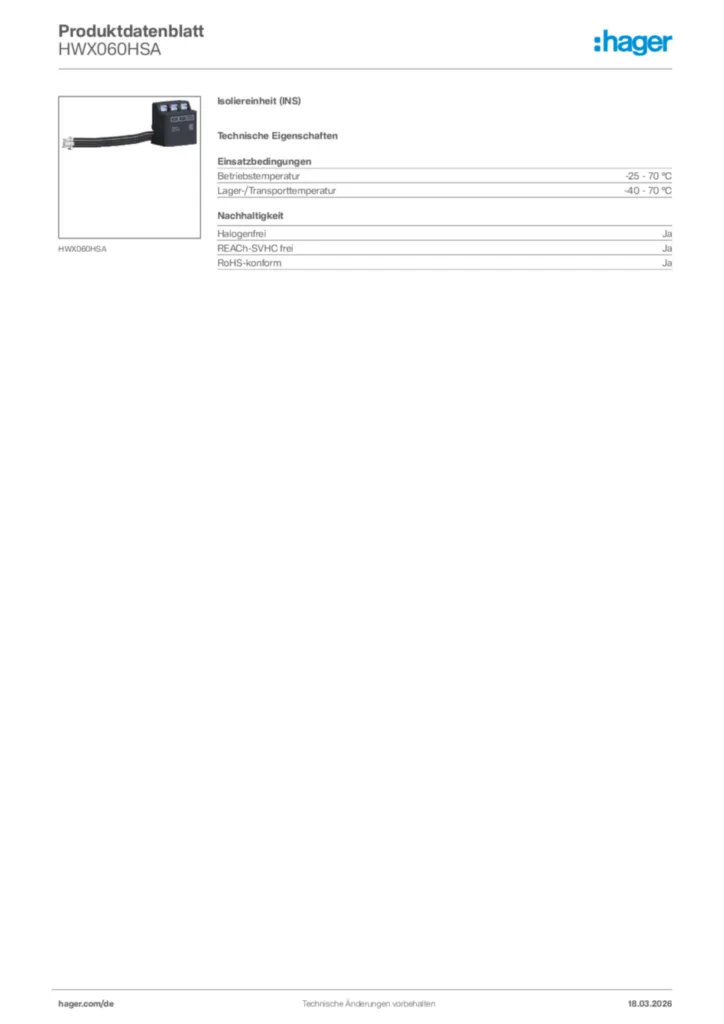 Bild Hager Produktdatenblatt HWX060HSA | Hager Deutschland