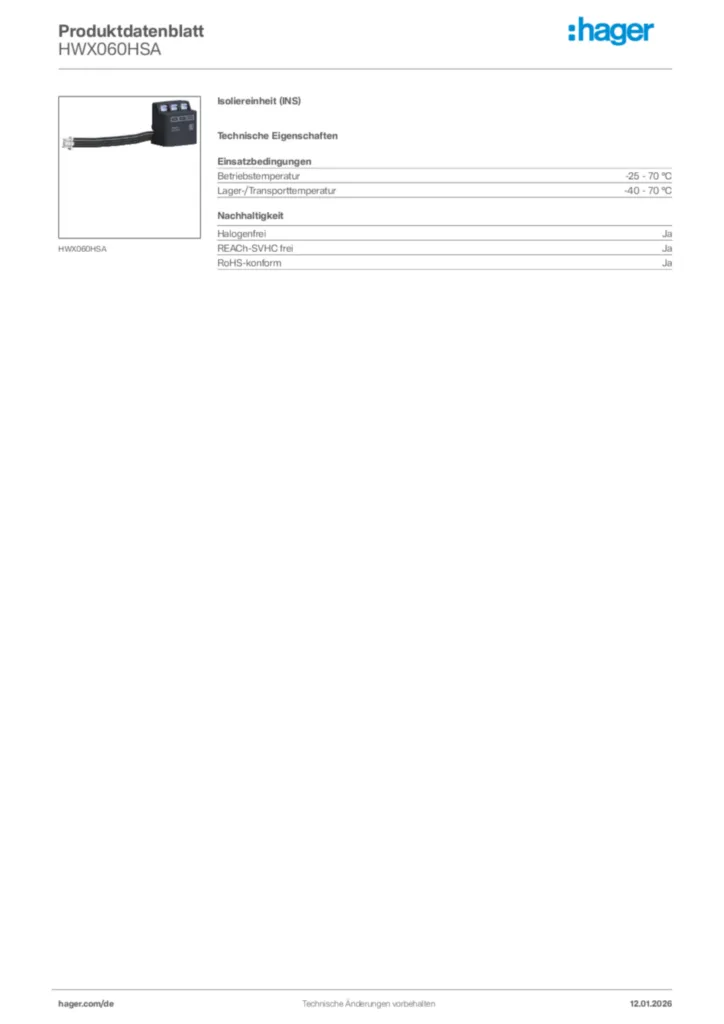 Bild Hager Produktdatenblatt HWX060HSA | Hager Deutschland
