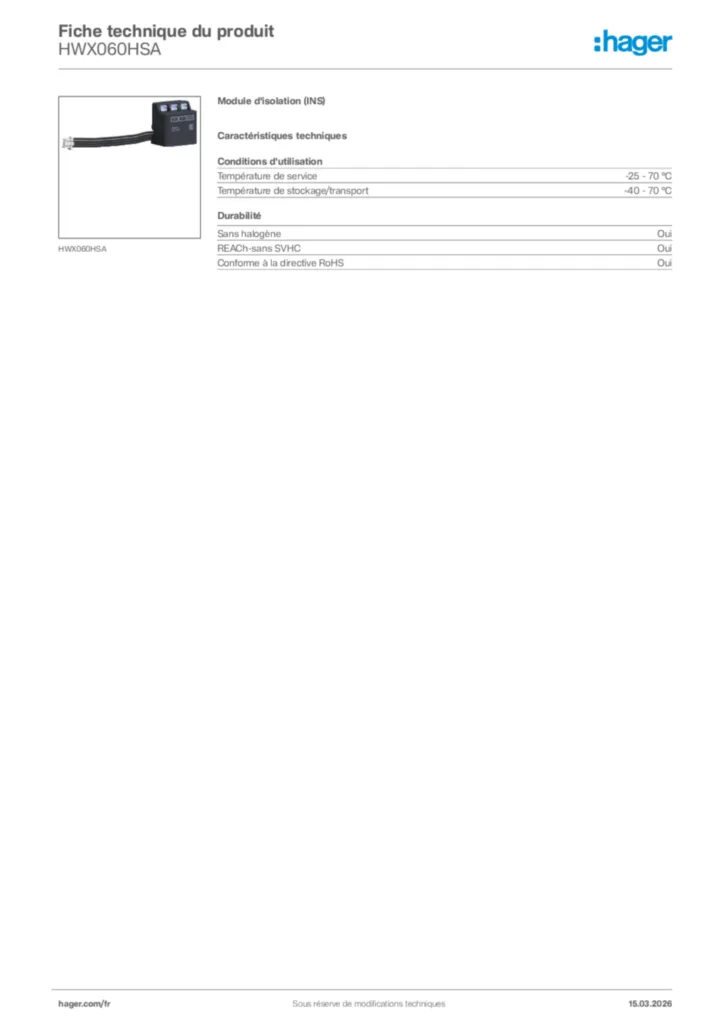 Image Hager Fiche technique du produit HWX060HSA | Hager France