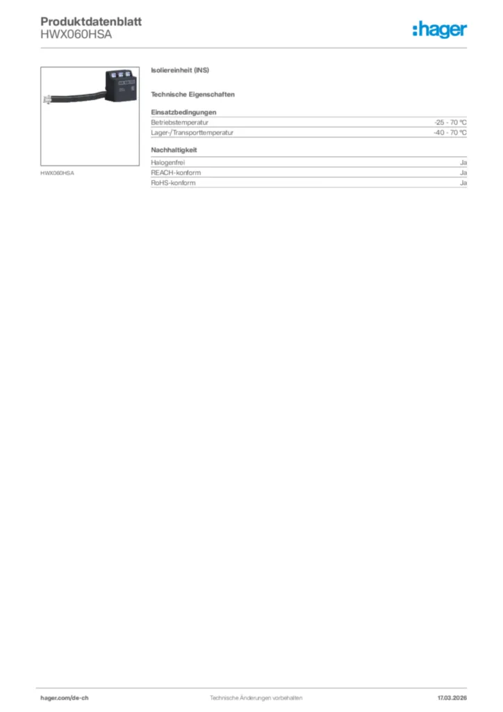 Bild Hager Produktdatenblatt HWX060HSA | Hager Schweiz
