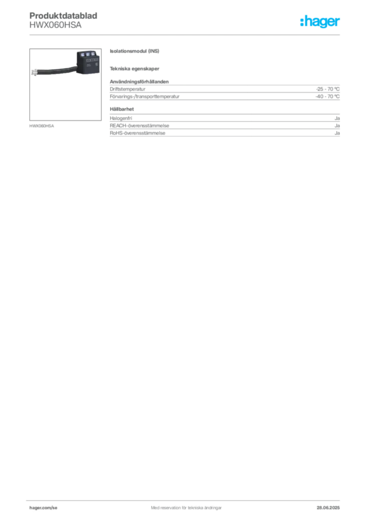 Bild Hager Produktdatablad HWX060HSA | Hager Sverige