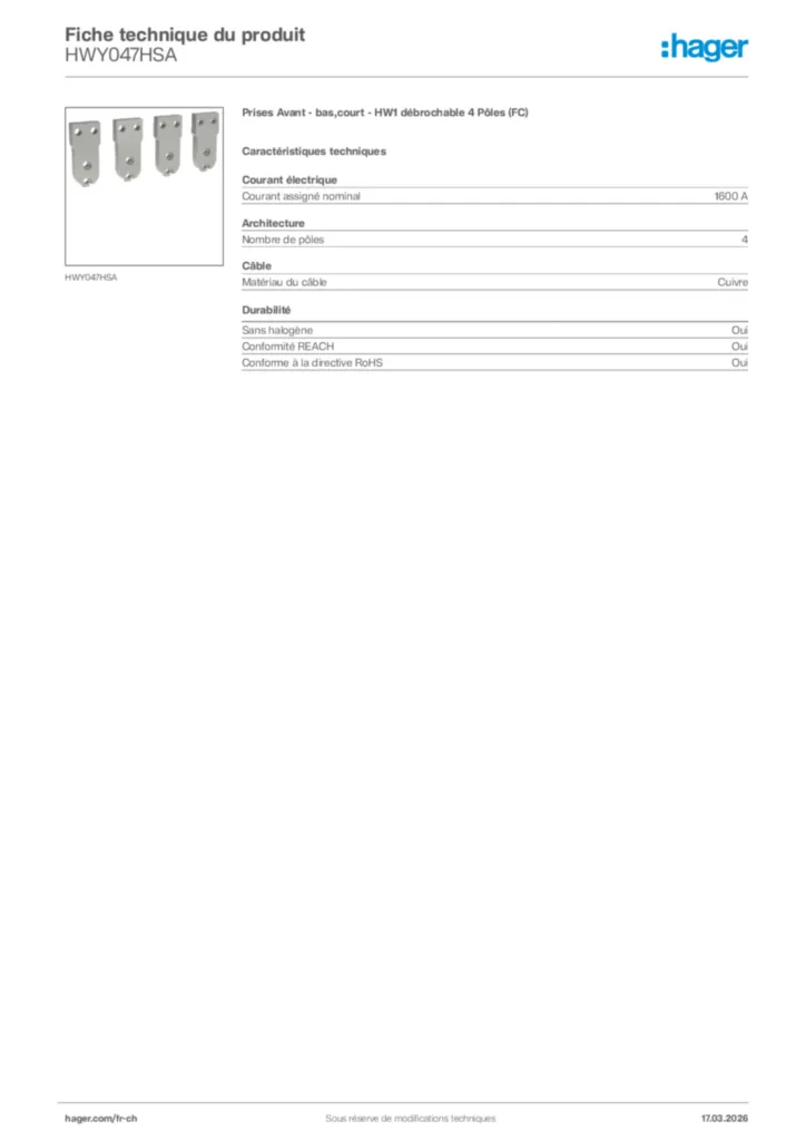Image Hager Fiche technique du produit HWY047HSA | Hager Suisse