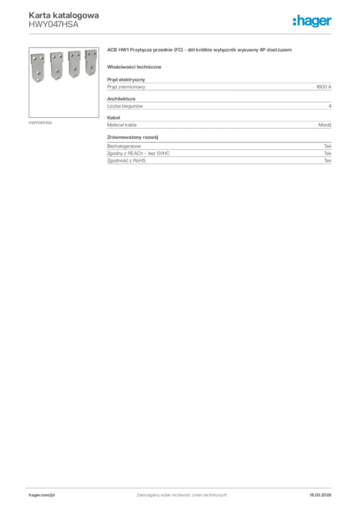 Zdjęcie Hager Karta katalogowa HWY047HSA | Hager Polska