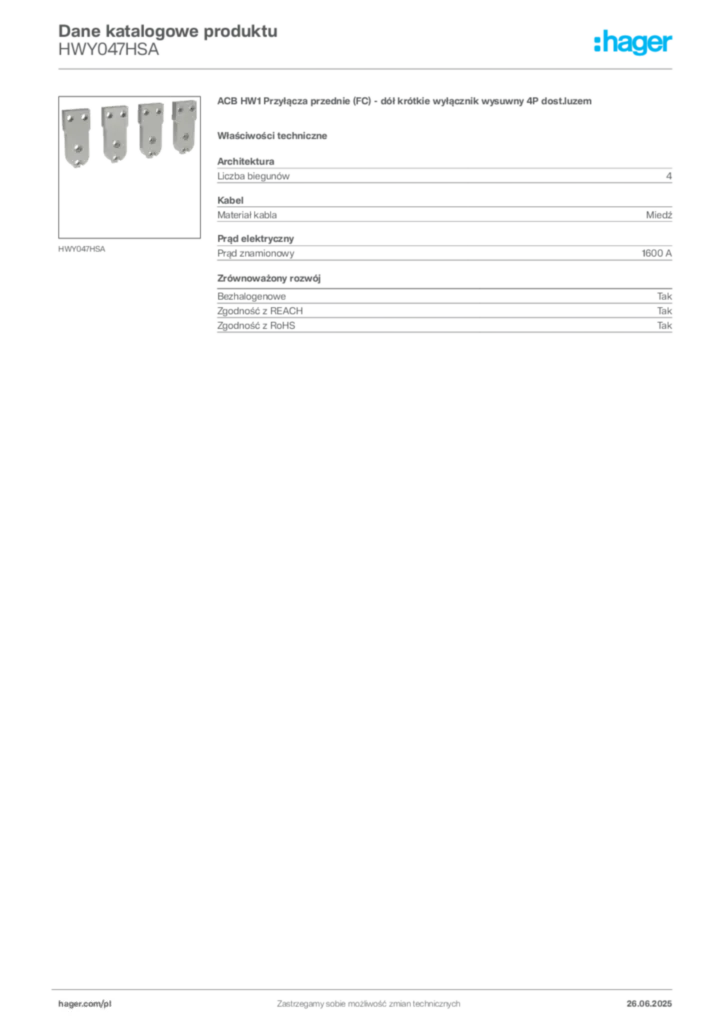Zdjęcie Hager Dane katalogowe produktu HWY047HSA | Hager Polska
