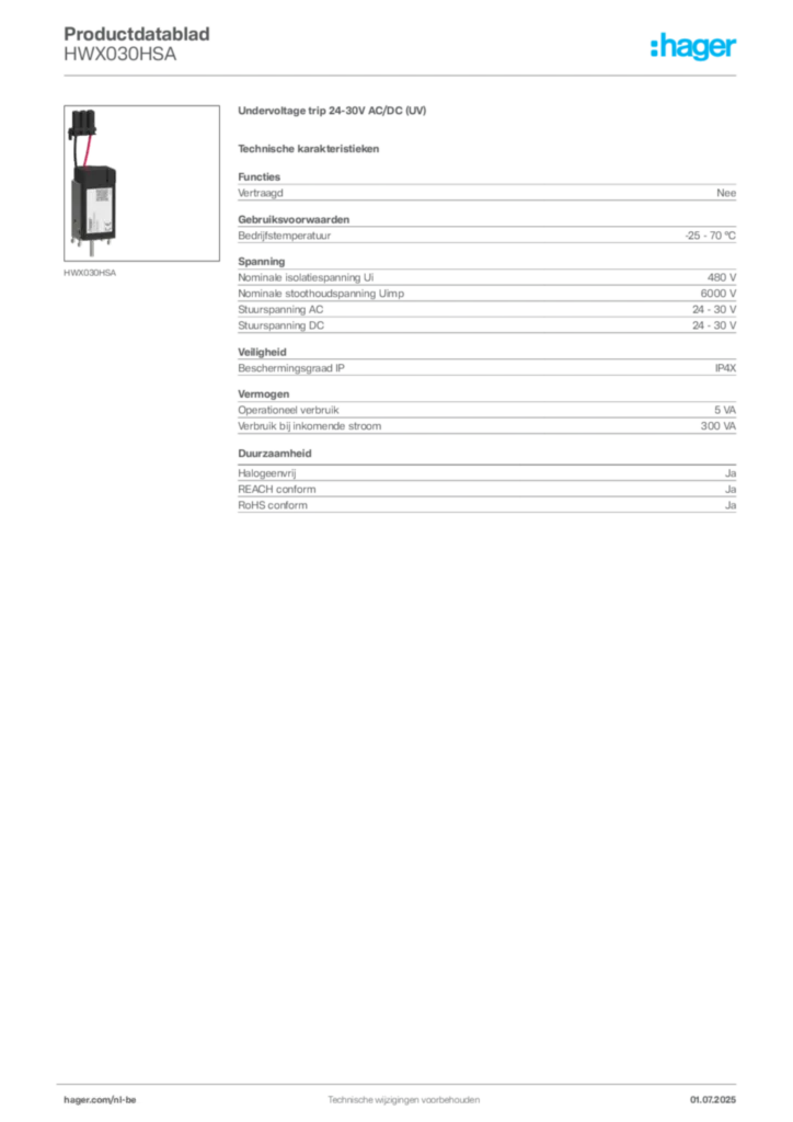 Afbeelding Hager Productdatablad HWX030HSA | Hager Belgium