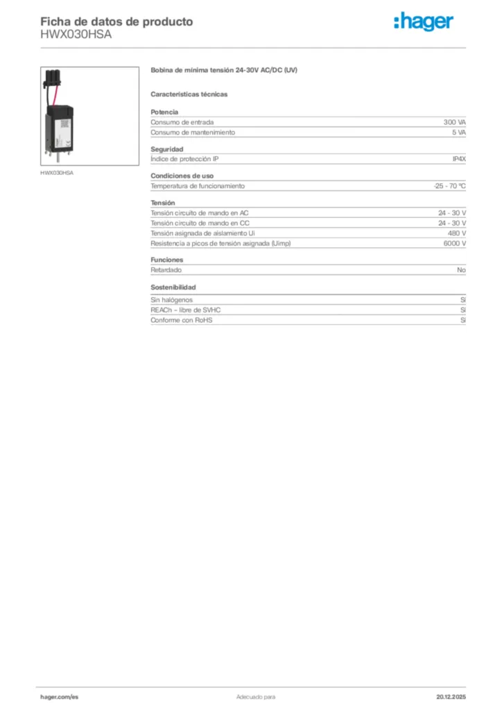 Imagen Hager Ficha de datos de producto HWX030HSA | Hager España
