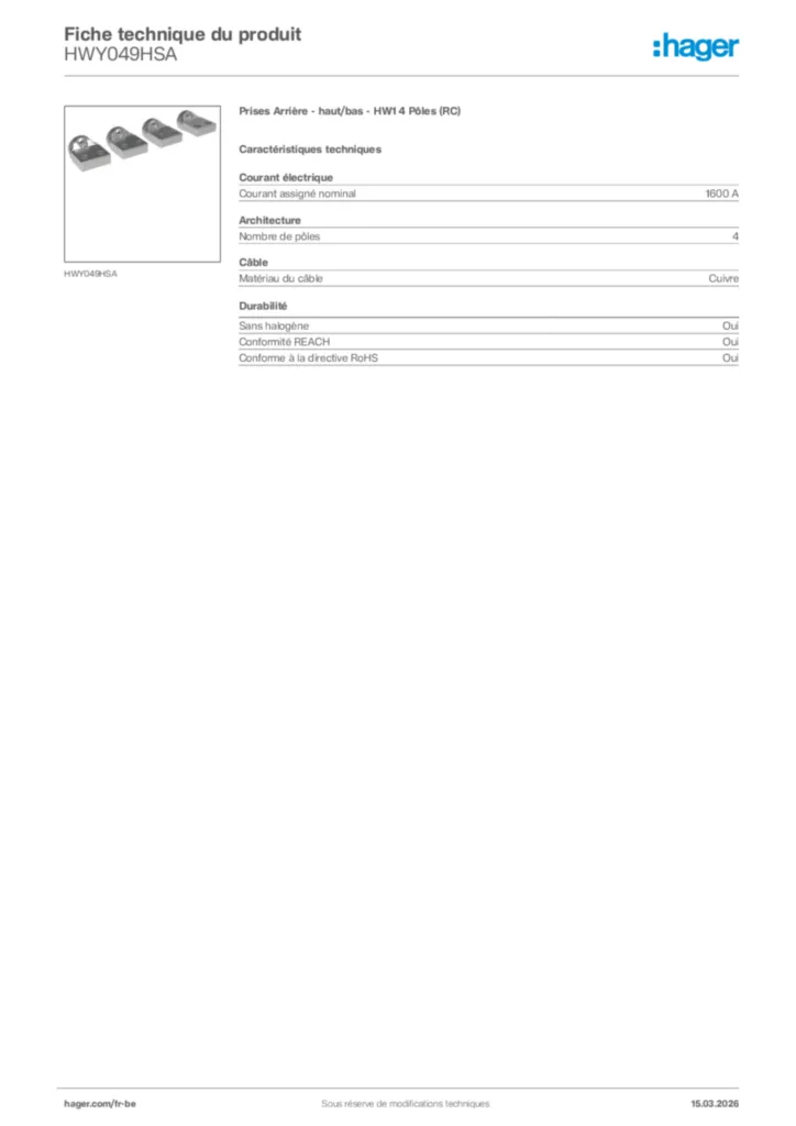 Image Hager Fiche technique du produit HWY049HSA | Hager Belgique