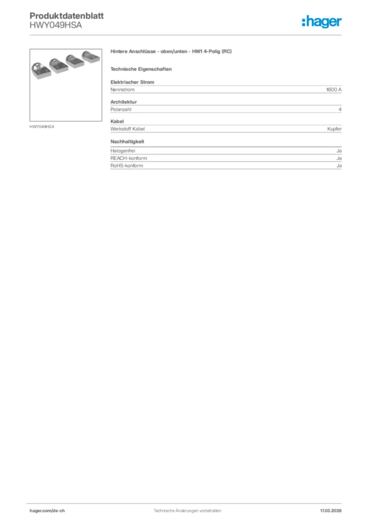 Bild Hager Produktdatenblatt HWY049HSA | Hager Schweiz