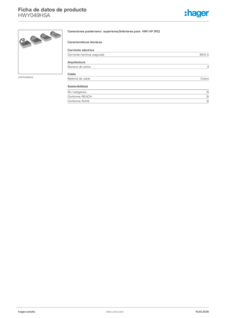 Imagen Hager Ficha de datos de producto HWY049HSA | Hager España