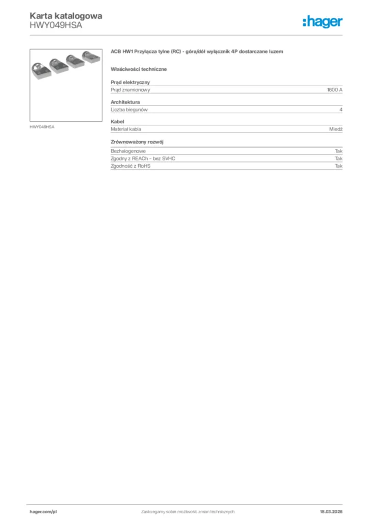 Zdjęcie Hager Karta katalogowa HWY049HSA | Hager Polska
