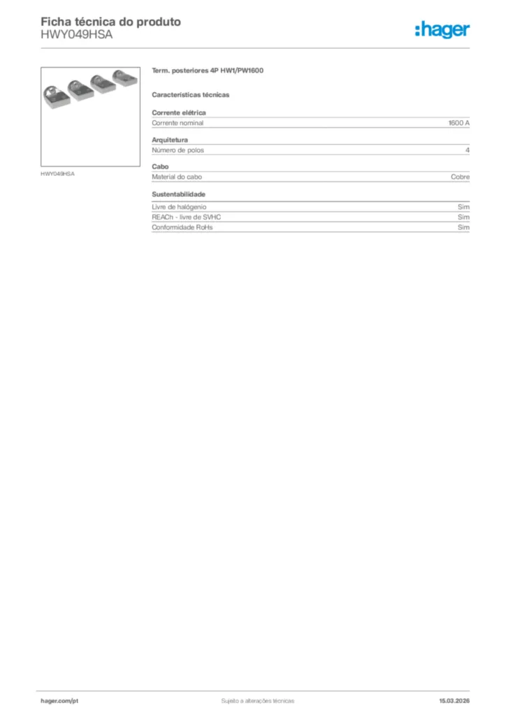 Imagem Hager Ficha técnica do produto HWY049HSA | Hager Portugal