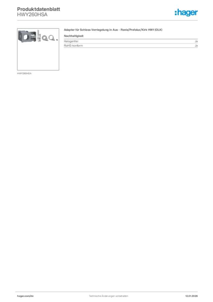 Bild Hager Produktdatenblatt HWY260HSA | Hager Deutschland