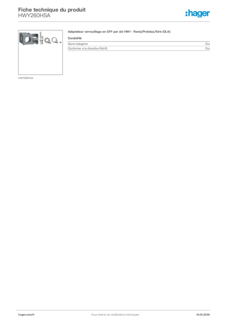 Image Hager Fiche technique du produit HWY260HSA | Hager France