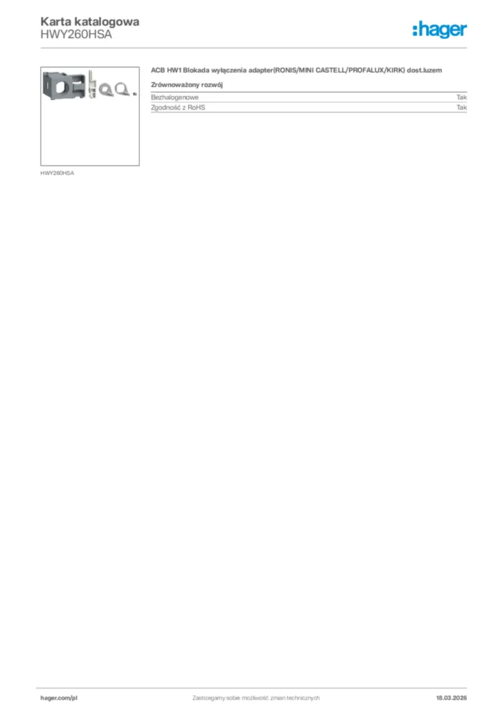Zdjęcie Hager Karta katalogowa HWY260HSA | Hager Polska