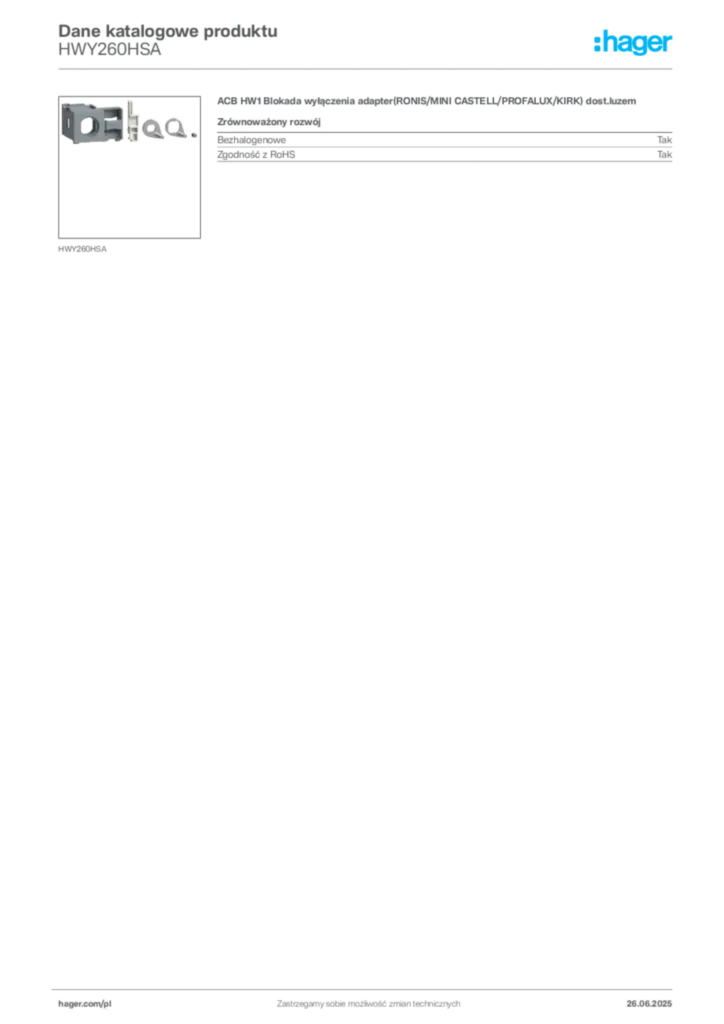 Zdjęcie Hager Dane katalogowe produktu HWY260HSA | Hager Polska
