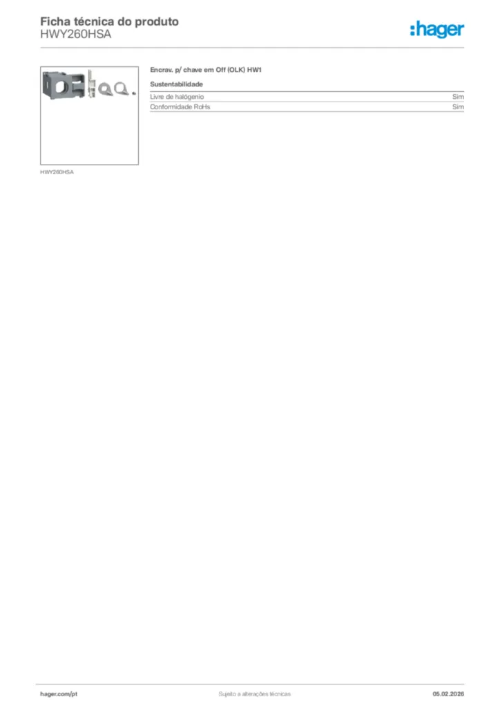 Imagem Hager Ficha técnica do produto HWY260HSA | Hager Portugal