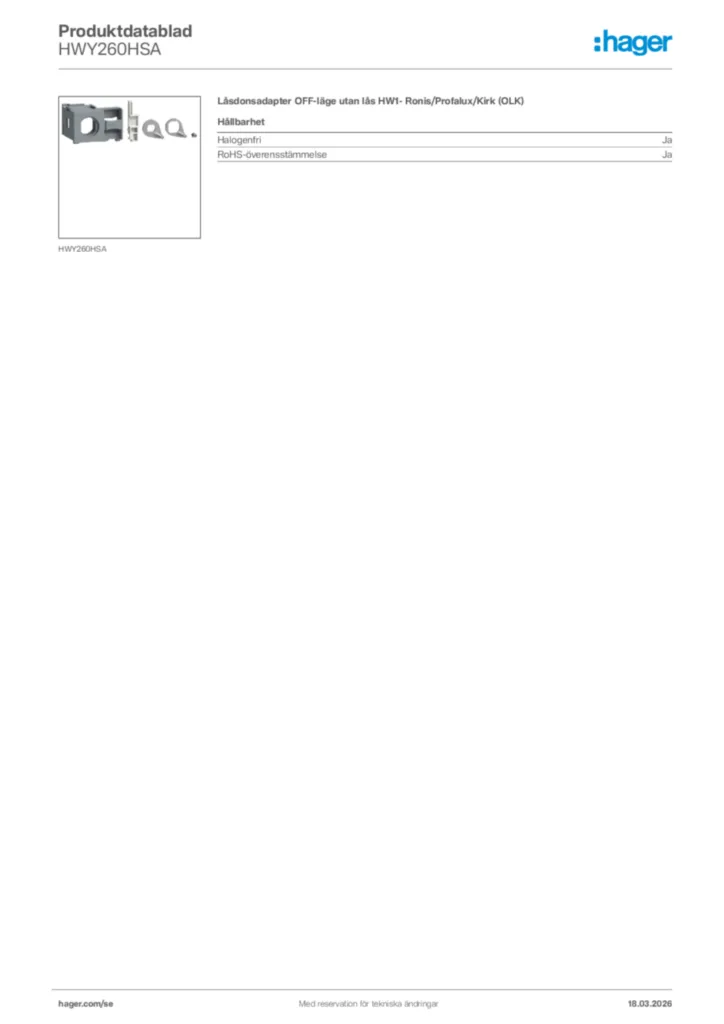 Bild Hager Produktdatablad HWY260HSA | Hager Sverige
