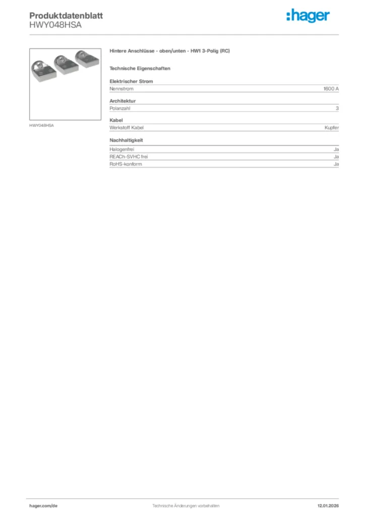 Bild Hager Produktdatenblatt HWY048HSA | Hager Deutschland
