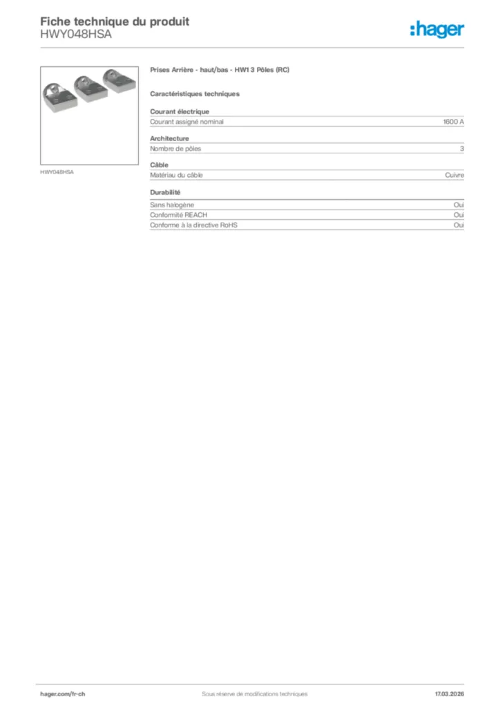 Image Hager Fiche technique du produit HWY048HSA | Hager Suisse