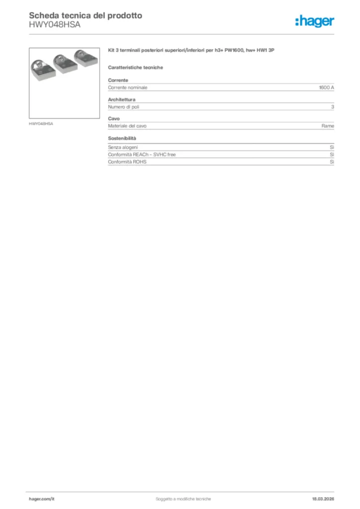 Immagine Hager Scheda tecnica del prodotto HWY048HSA | Hager Italia