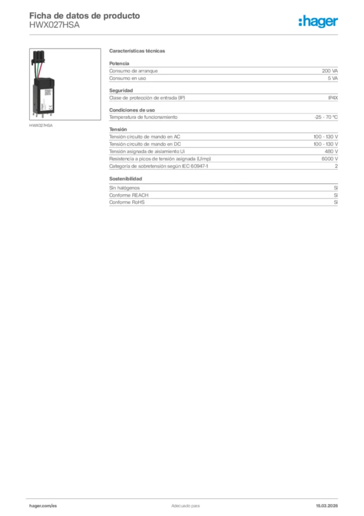 Imagen Hager Ficha de datos de producto HWX027HSA | Hager España