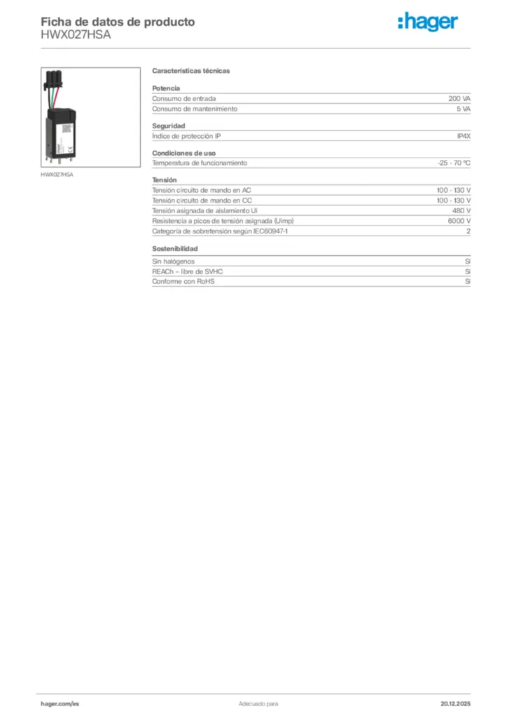 Imagen Hager Ficha de datos de producto HWX027HSA | Hager España