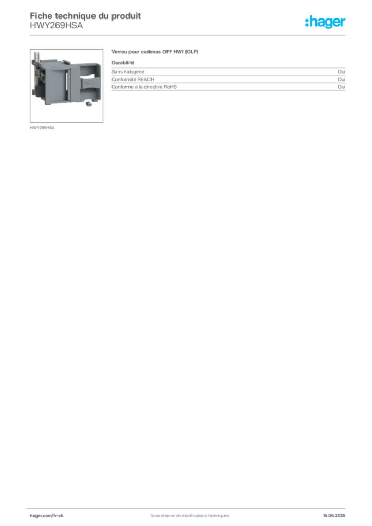 Image Hager Fiche technique du produit HWY269HSA | Hager Suisse