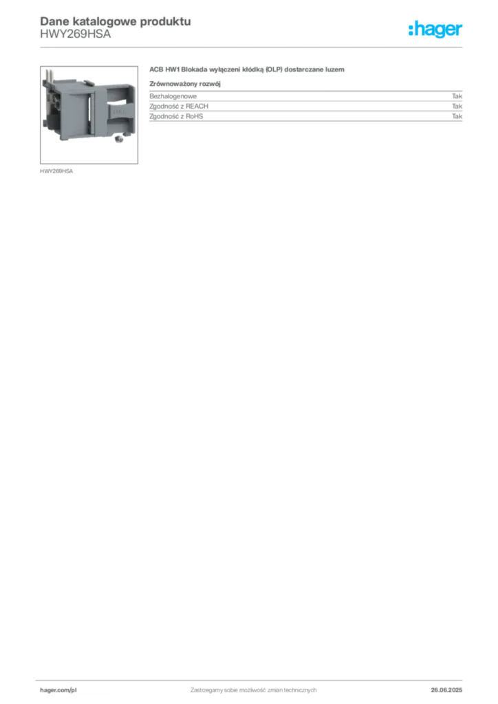Zdjęcie Hager Dane katalogowe produktu HWY269HSA | Hager Polska