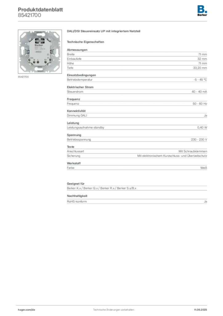 Bild Berker Produktdatenblatt 85421700 | Hager Deutschland