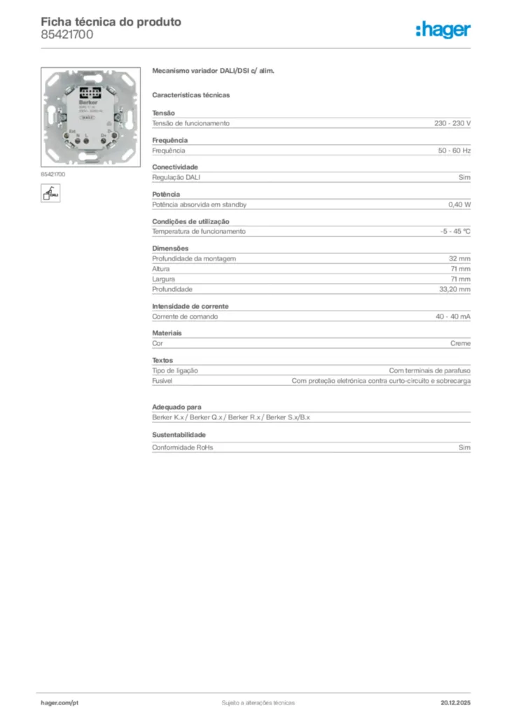 Imagem Hager Ficha técnica do produto 85421700 | Hager Portugal