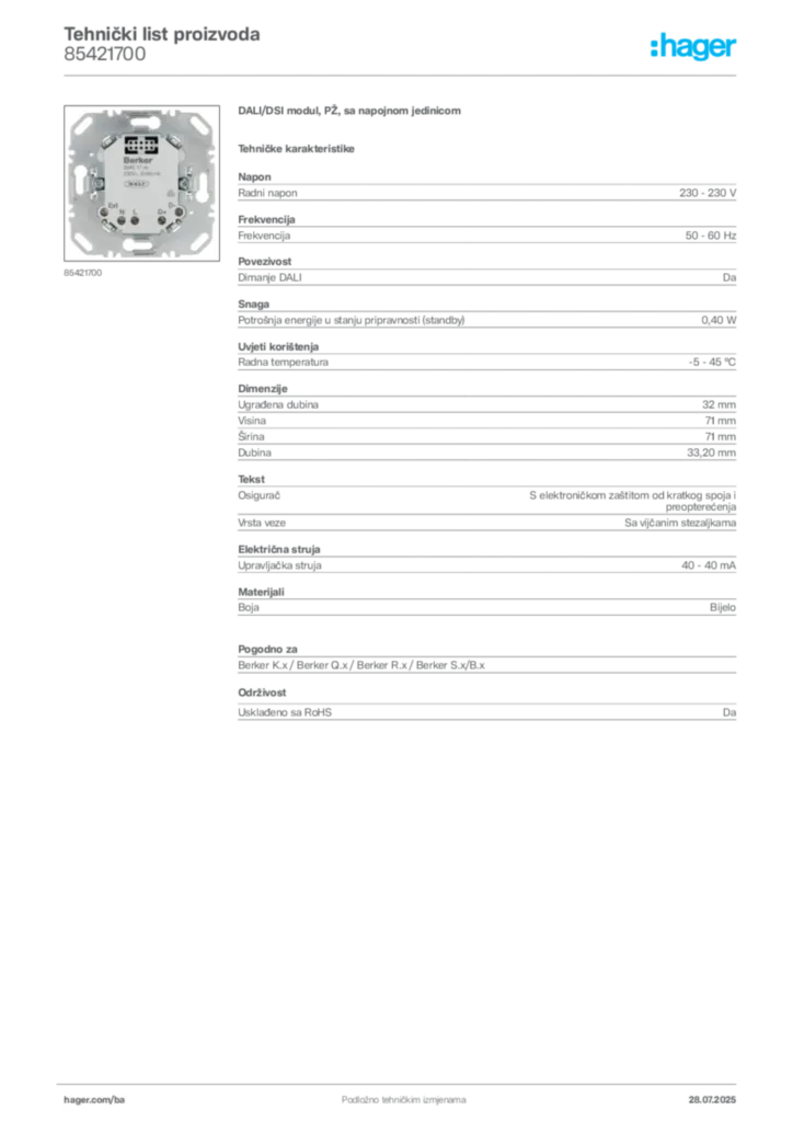 Slika Hager Product data sheet 85421700  | Hager
