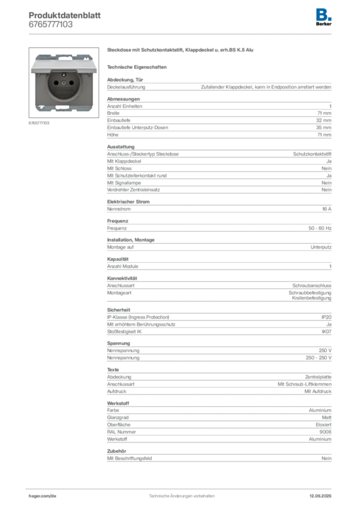 Berker Produktdatenblatt 6765777103