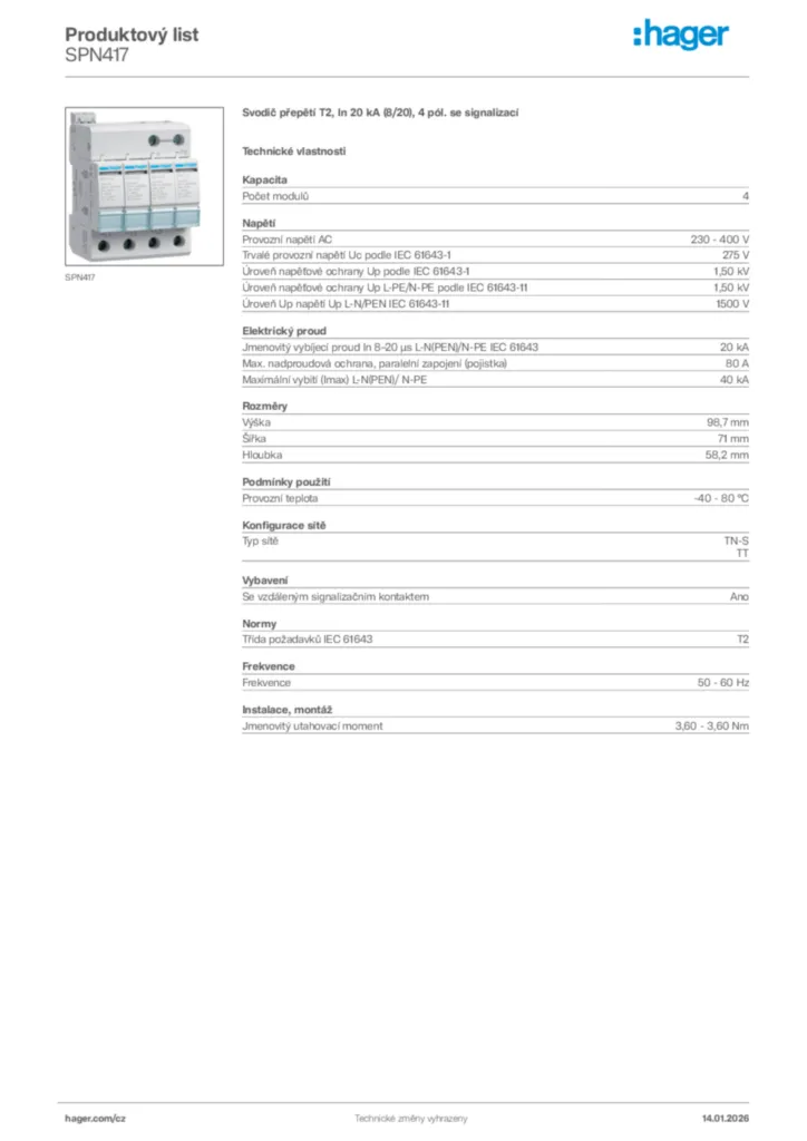 Obrázek Hager Product data sheet SPN417 | Hager